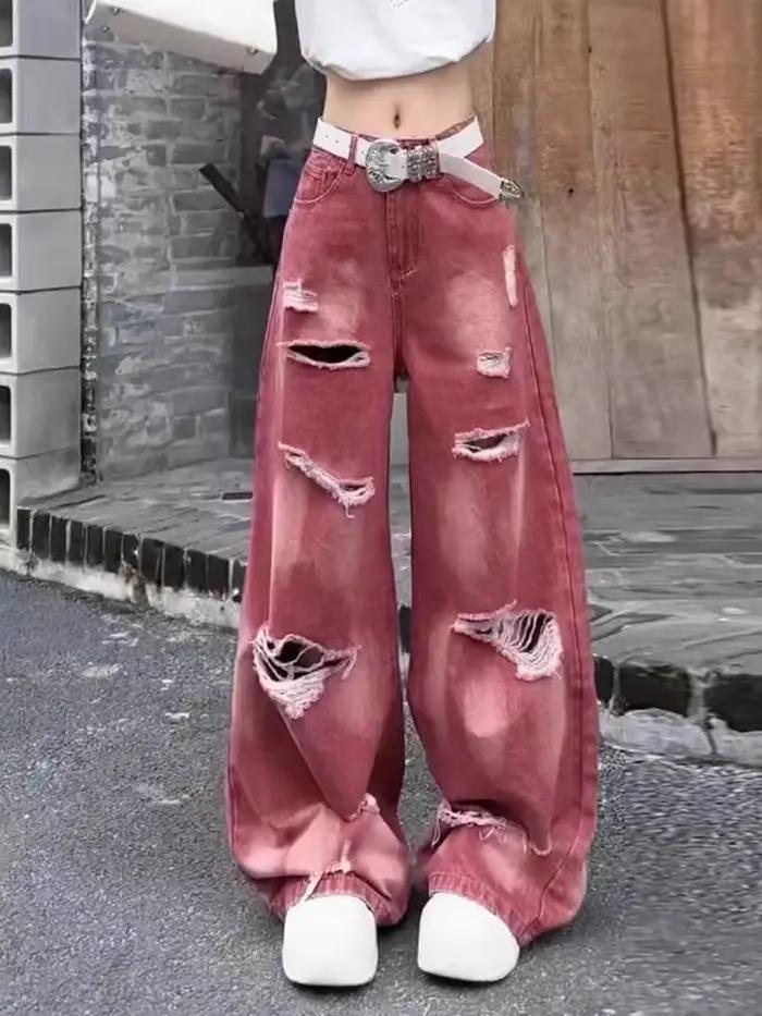 Jean Cargo Déchiré Rose Y2k pour Femme