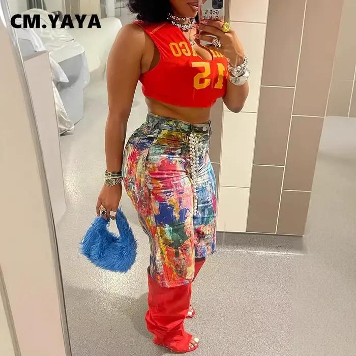 Pantalon denim féminin rétro sexy imprimé graffiti jean déchiré longueur du genou coton élasthanne CM.YAYA