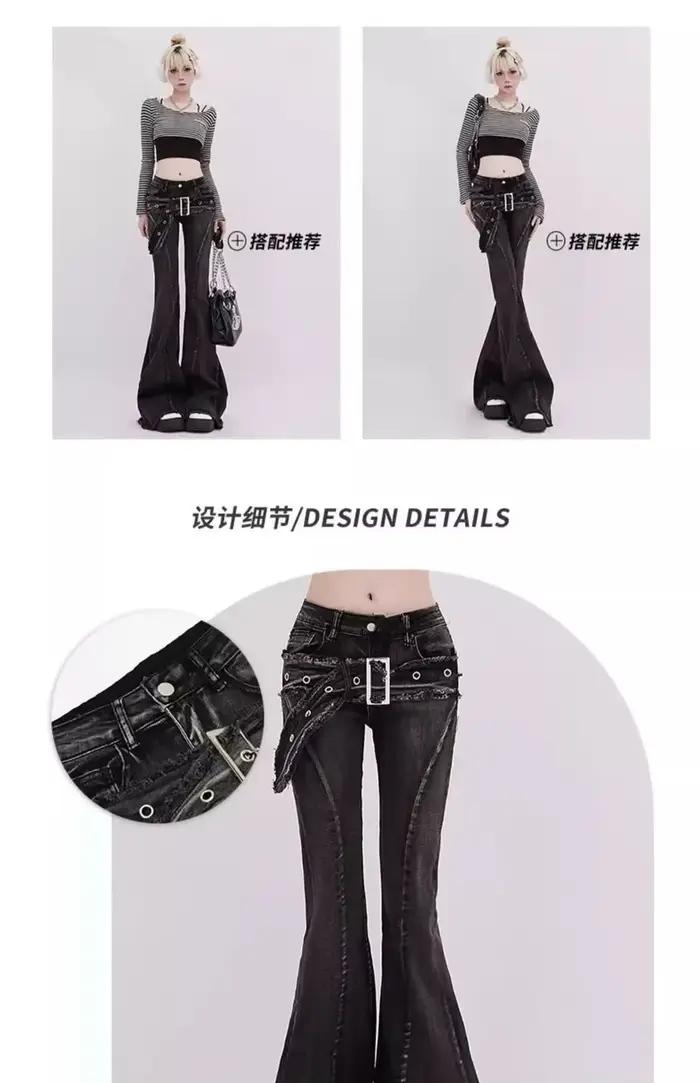 Jeans Vintage Slim Micro-évasés Femme Pantalon Y2K Taille Haute Décoré Boutons Occasions Spéciales