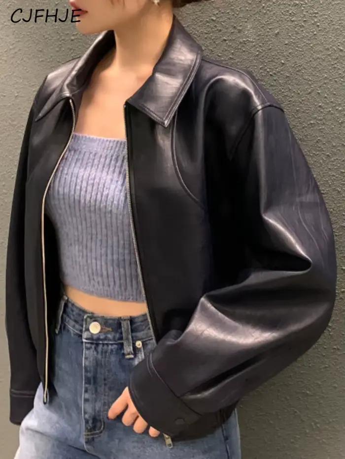 Blouson en simili cuir décontracté CJFHJE pour femmes, automne-hiver, col rabattu, fermeture éclair robuste, polyester PVC, couleur beige ou noir, taille S/M/L