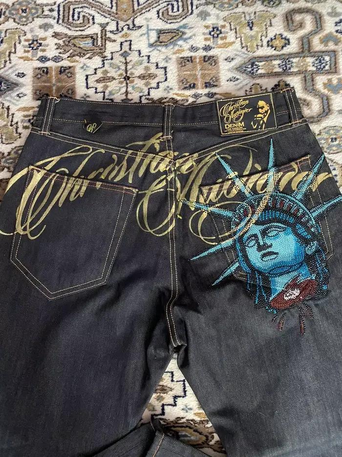 Jean décontracté vintage années 2000 avec motif Statue de la Liberté et diamants