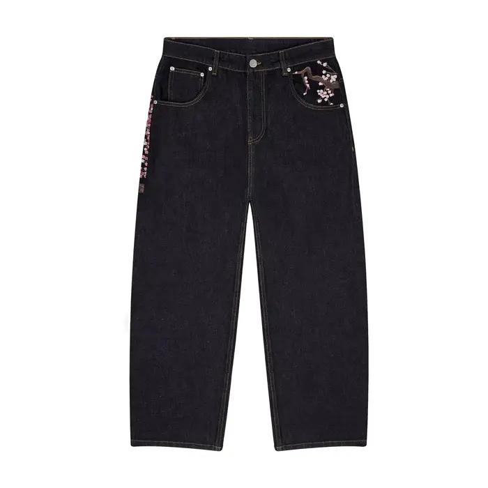Pantalon en Denim brodé avec lisière de fleur de cerisier Y2k rétro pour hommes
