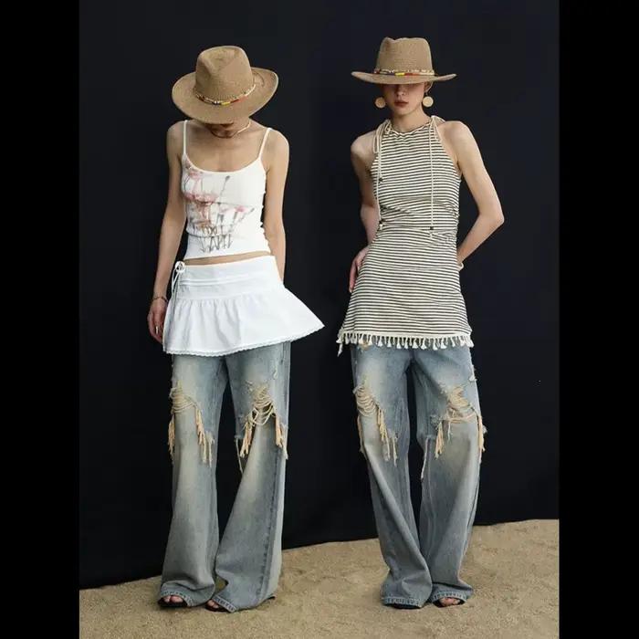 Nouveau Jean bywindto Femme 2026 Tendance Effet Usé Coupe Ample Décontracté Jambes Larges Droites Longues Polyester Coton Mélangé Occasions Spéciales