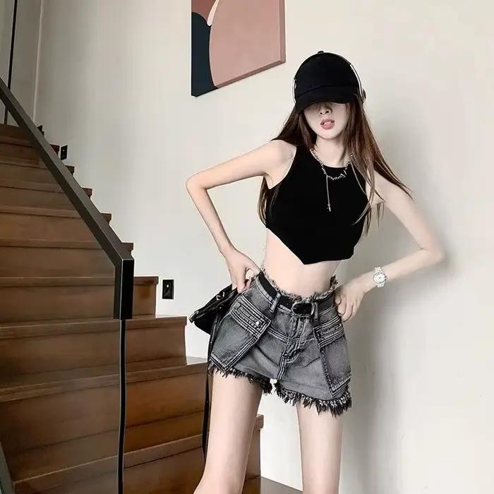 Pantalon court en Jean pour femme, taille haute, à franges, avec poches, Baggy, tendance, élégant, Y2k, Vintage, tenues chaudes, normales, 2025