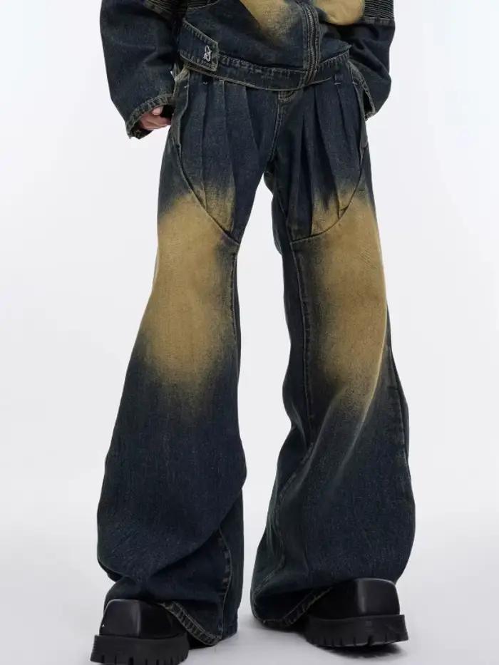 2025 Punk Y2K Style Vintage bleu plissé Design Baggy jean Pantalon pour hommes vêtements droit luxe Denim