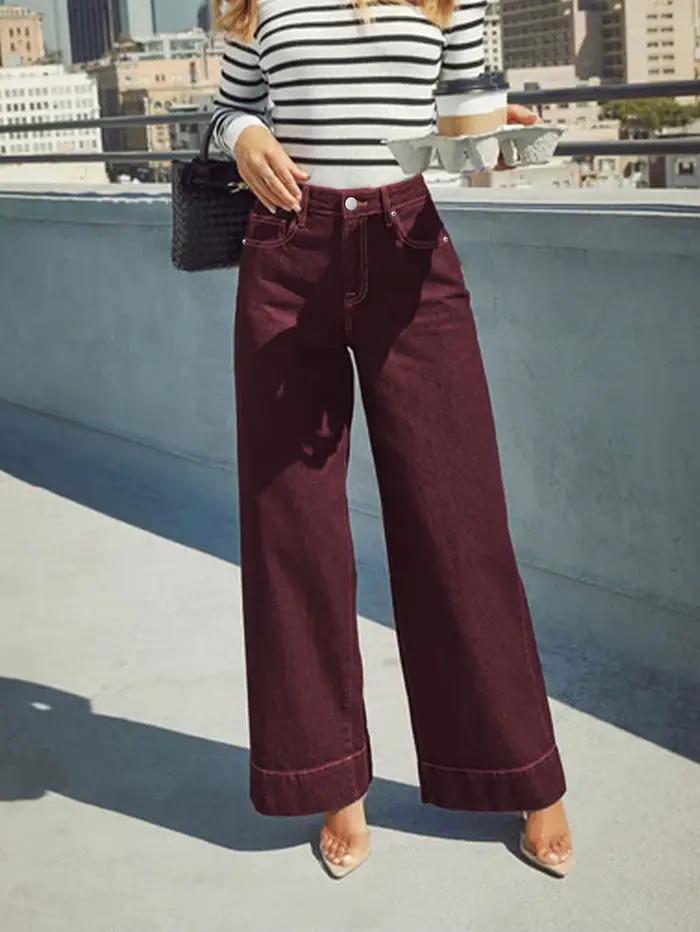 Jean Taille Haute Bordeaux Pour Femmes Style Polyvalent Jambes Larges Denim Extensible Occasions Spéciales