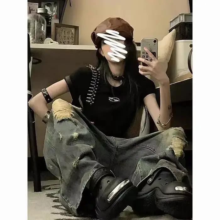 Jean en denim taille haute à jambe large pour femme