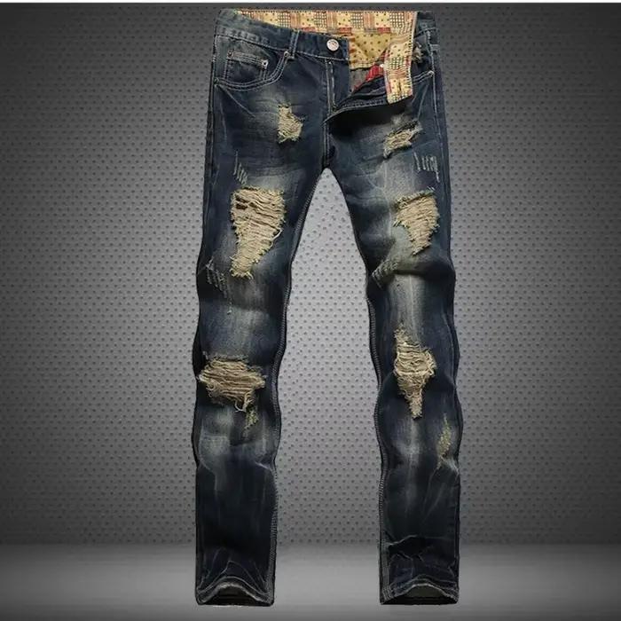 Jean déchiré personnalisable homme, style high street, denim droit, ajustement mince, patchwork, quatre saisons, occasions quotidiennes