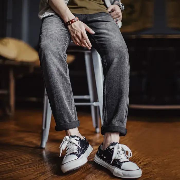 Maden Jeans en denim épais vintage pour hommes 13 oz Pantalon conique à jambe droite gris délavé