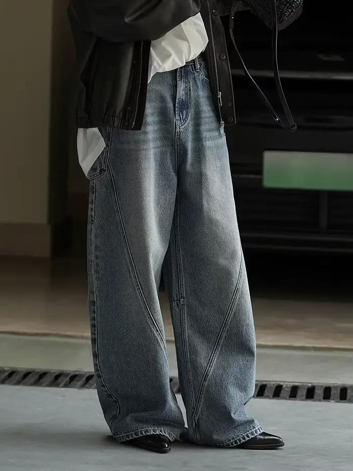 [EAM] taille haute bleu Denim irrégulier épissé décontracté jambe large jean nouvelles femmes pantalons mode marée printemps automne 2026 1DJ4377