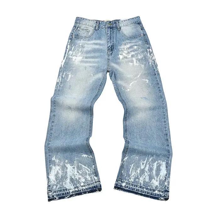 Jean Baggy noir délavé peint à l'encre de rue pour hommes pantalon en Denim droit Vintage ample décontracté