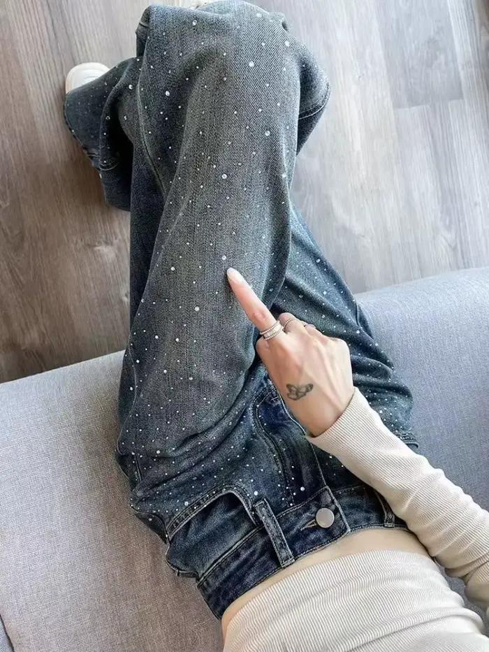 Pantalon bleu avec strass jambe droite taille haute Shot femmes jean tendance 2025