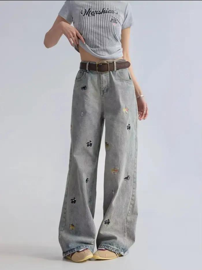 Jean femme jambe haute large évasé longueur de traînée chiot patte broderie Denim pantalon coupe ample