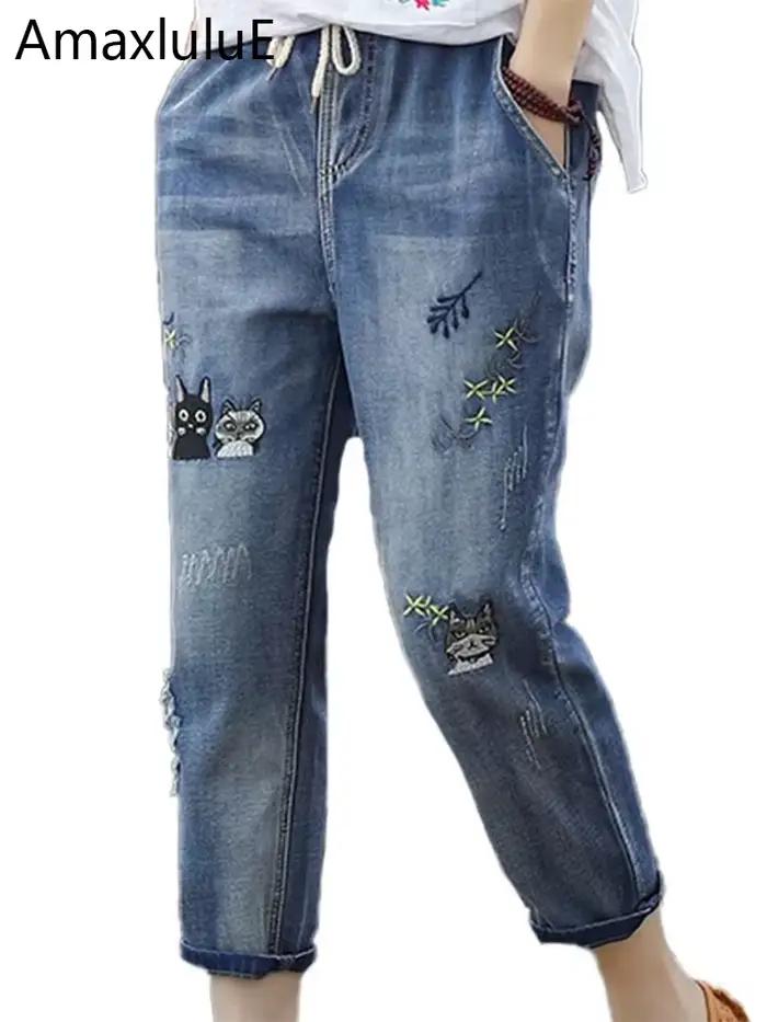 Amax luluE 2025 mode été Streetwear Denim pantalon dames Vintage élastique jean femmes décontracté ample broderie sarouel