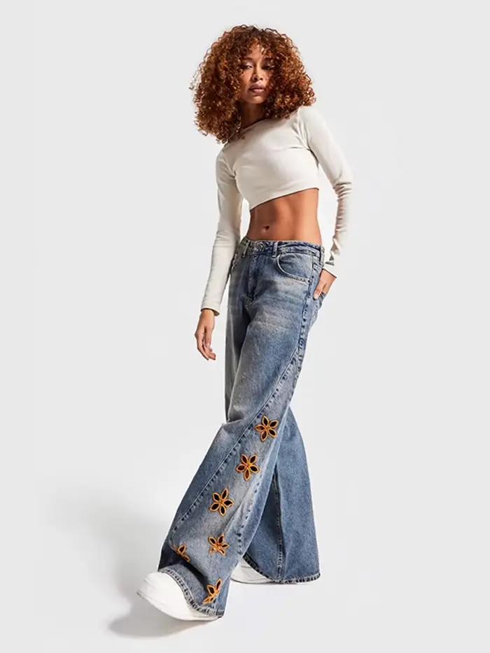 Jean femme taille haute broderie Denim pantalon mode
