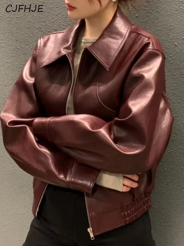 Blouson en simili cuir décontracté CJFHJE pour femmes, automne-hiver, col rabattu, fermeture éclair robuste, polyester PVC, couleur beige ou noir, taille S/M/L