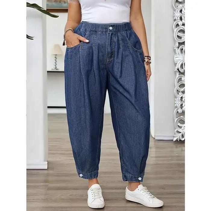 Benuynffy – Jean Lanterne Bleu Délavé Vintage Grande Taille pour Femme