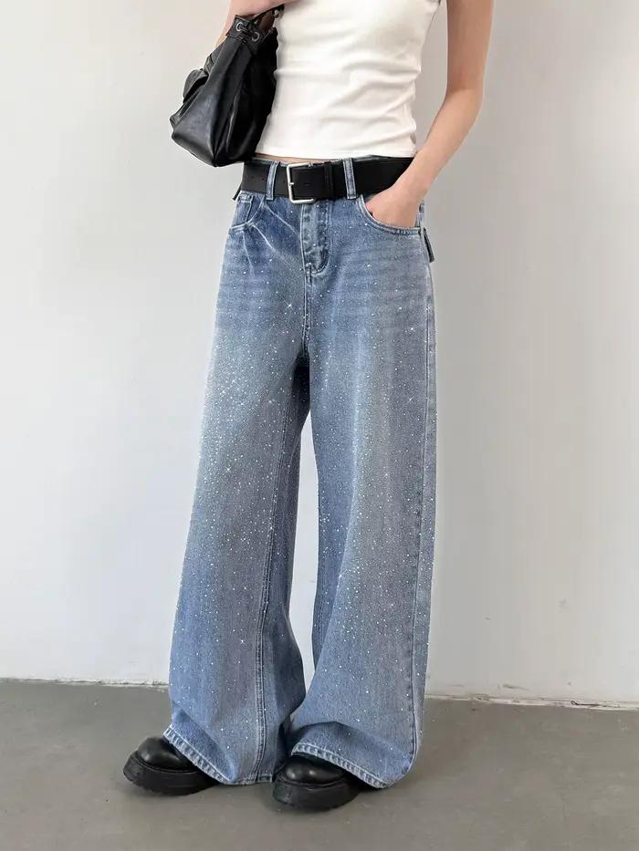 CHIC VEN Jeans Femme Tendance Bleu Coupe Ample Nouveau Design Strass Thermocollés Pantalon Droit en Denim Printemps Automne 2026