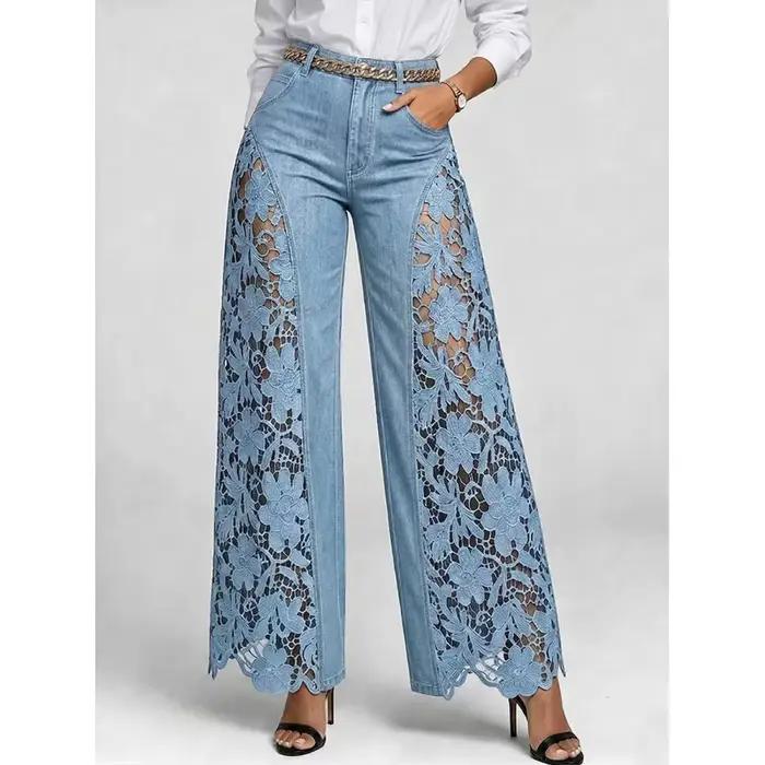 Pantalon en jean élégant à empiècements en dentelle broderie florale taille haute coupe droite et ample pour femme occasions professionnelles printemps été