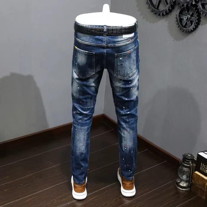 Créateur de mode hommes jean rétro bleu Stretch coupe ajustée peint déchiré