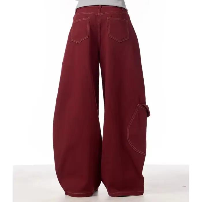 Cargo rouge jean décontracté femmes vêtements de travail pantalon ample droit jambe large