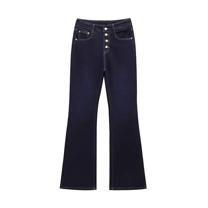 Jean femme basique tout-Match minceur Denim pantalon mode bouton en métal taille haute
