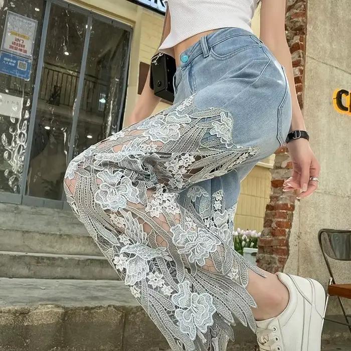 Jean taille haute en dentelle pour femmes