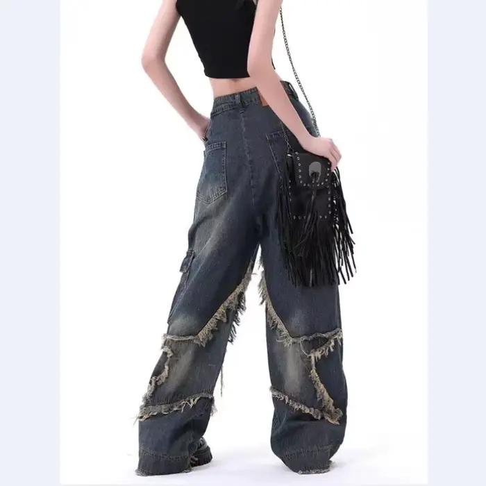 Jean baggy femme vintage européen et américain délavé avec étoiles et jambes larges pour toutes les occasions