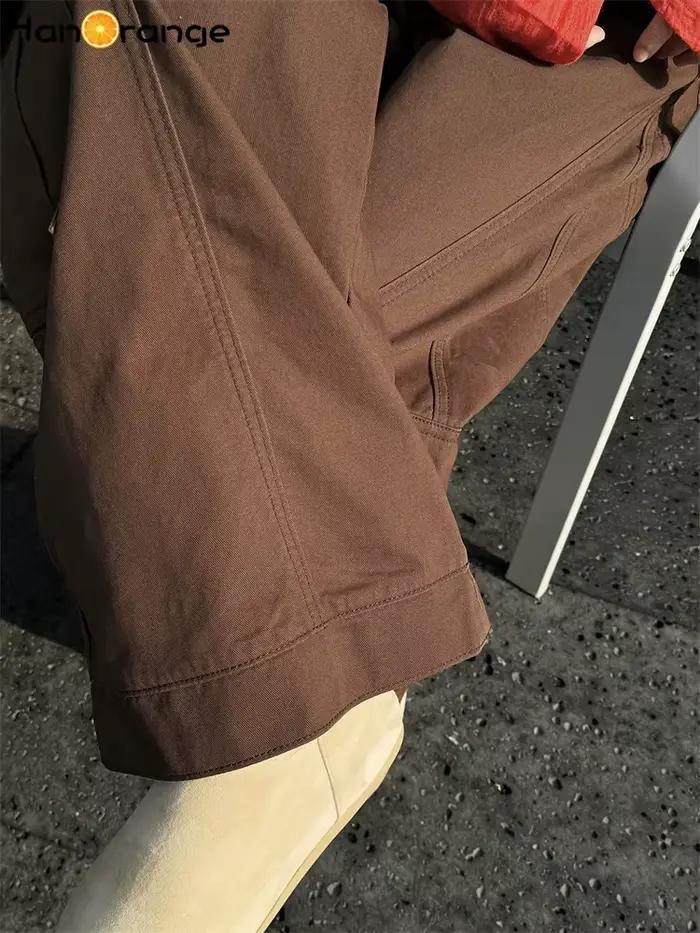 Début du printemps rétro marine noir grande poche incurvée jean femmes ample jambe large pantalon vert/café