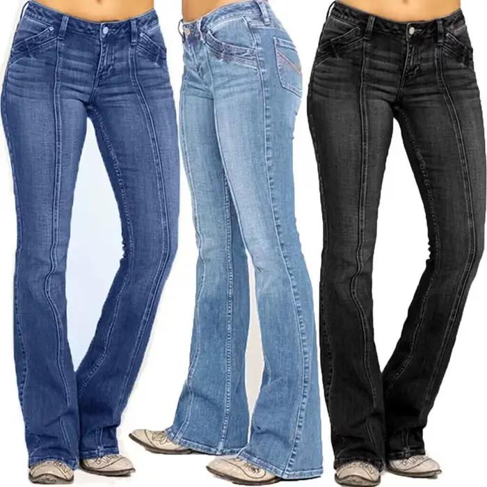 Nouvelle Taille Basse Botte Coupe Jean Stretch Denim Pantalon Évasé Décontracté Femme Occasions Spéciales