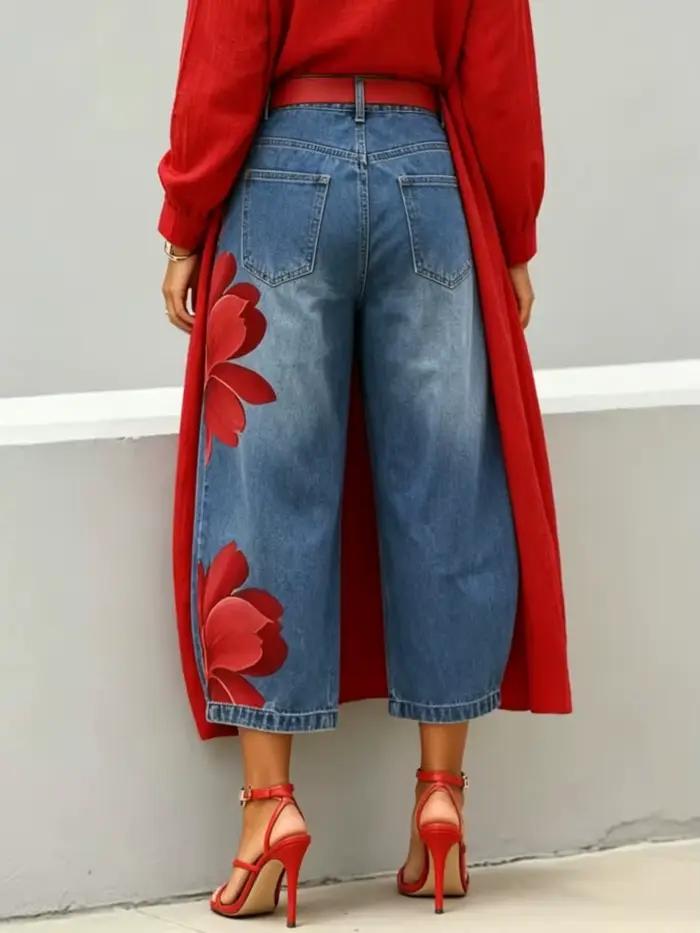 Jean décontracté pour femme à imprimé floral