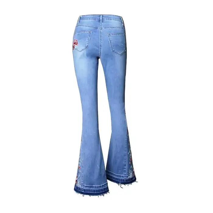 Jean brodé taille haute élastique coupe slim couleur claire pour femme – Nouvelle collection été 2026 – Pantalon décontracté en denim