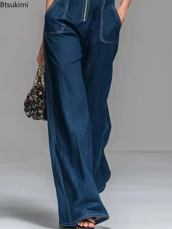Combinaisons en Jean Sans Manches Taille Haute Femmes Bleu Foncé et Noir Polyvalentes Printemps Eté Occasions Spéciales Bureau Loisirs