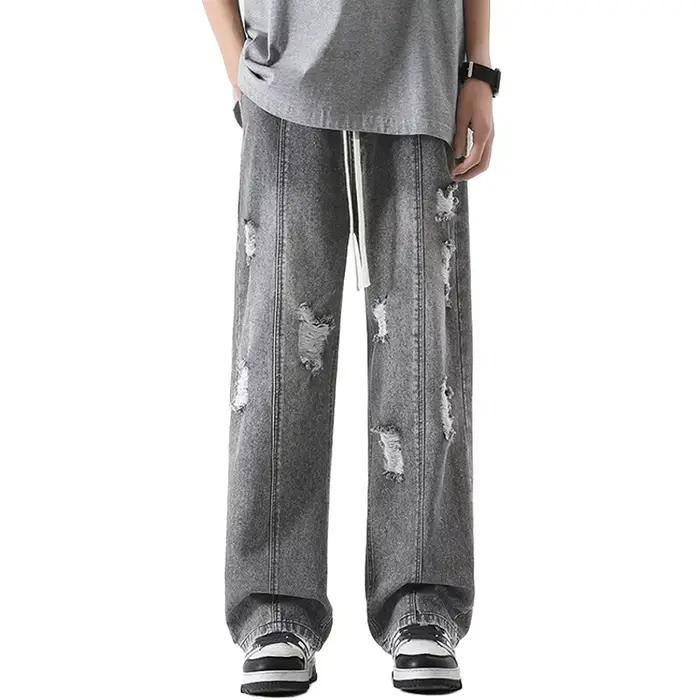 Jean déchiré 2026 d'été pour homme, coupe droite, délavé, avec lacets, fin