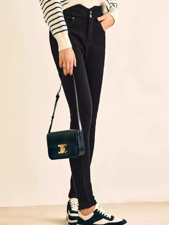 OLrain Jean Skinny Doublé Polaire pour Femme Hiver 2026 Nouveau Pantalon Chaud Confortable Taille Haute Décontracté pour le Bureau O22DK63806