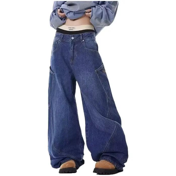 Jeans amples à jambe large de style rétro avec grandes poches