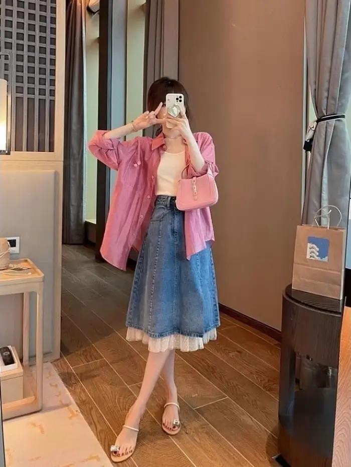 Femme jupe en jean dentelle Patchwork taille haute épissage