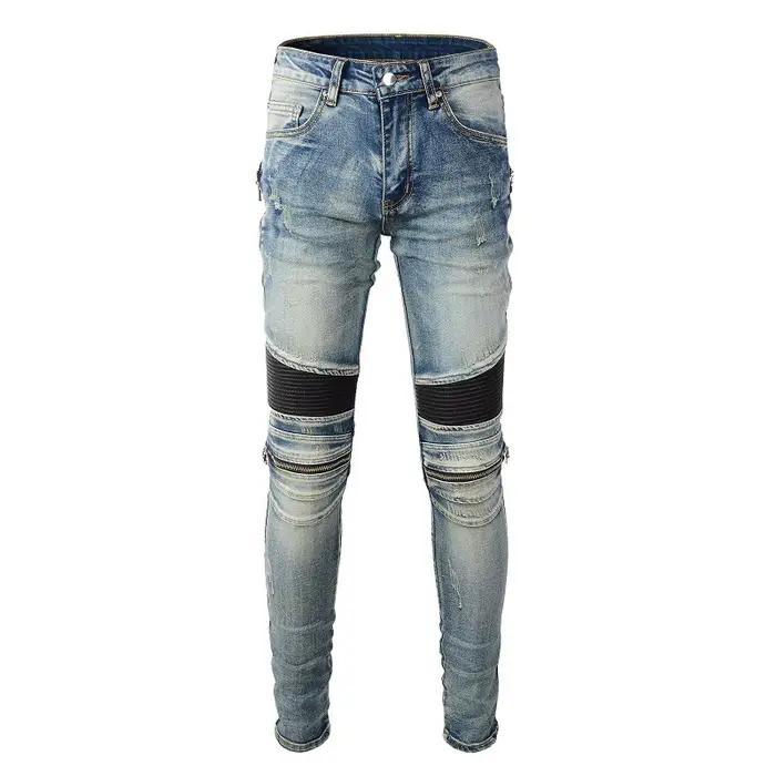 Jean homme en détresse moto couleur bleue avec nervures en cuir Patchwork fermetures éclair maigre déchiré