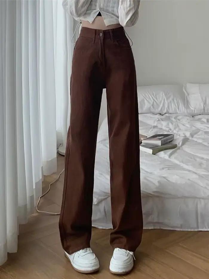 Jean Marron Taille Haute en Denim pour Femme