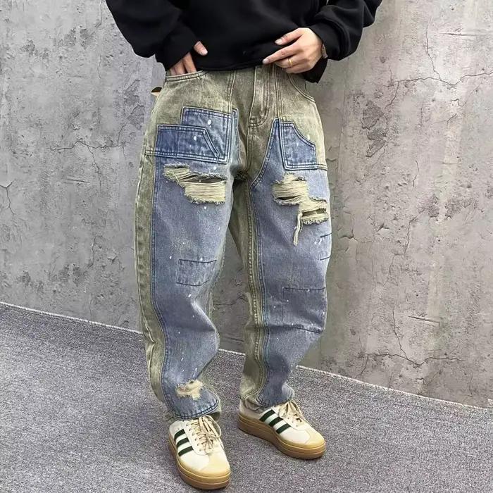 Trashy Y2K 2000S vert bleu Patchwork déchiré jean conique pantalon pour hommes 90S Vintage vêtements Denim