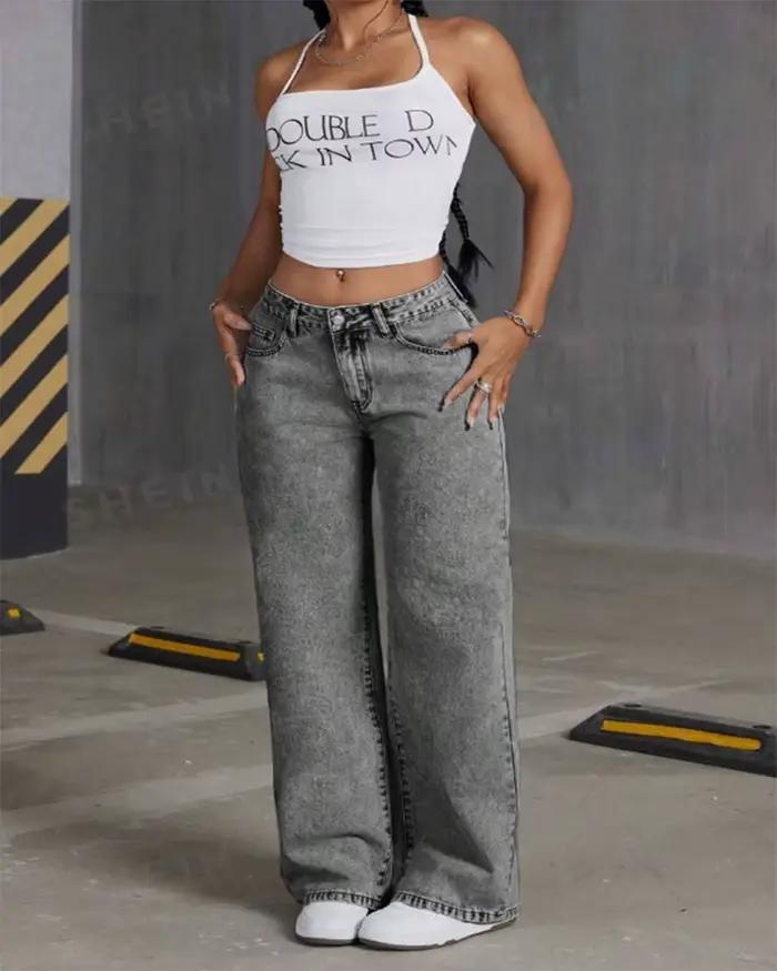 Femmes jambe large petit ami jean droit Hip Hop nœud broderie Denim pantalon taille basse Baggy