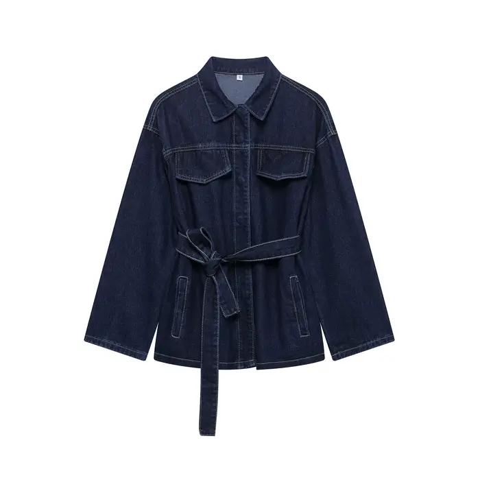 DUOPERI femmes mode 2 pièces ensembles avec ceinture vestes en jean et Vintage avant fermeture éclair