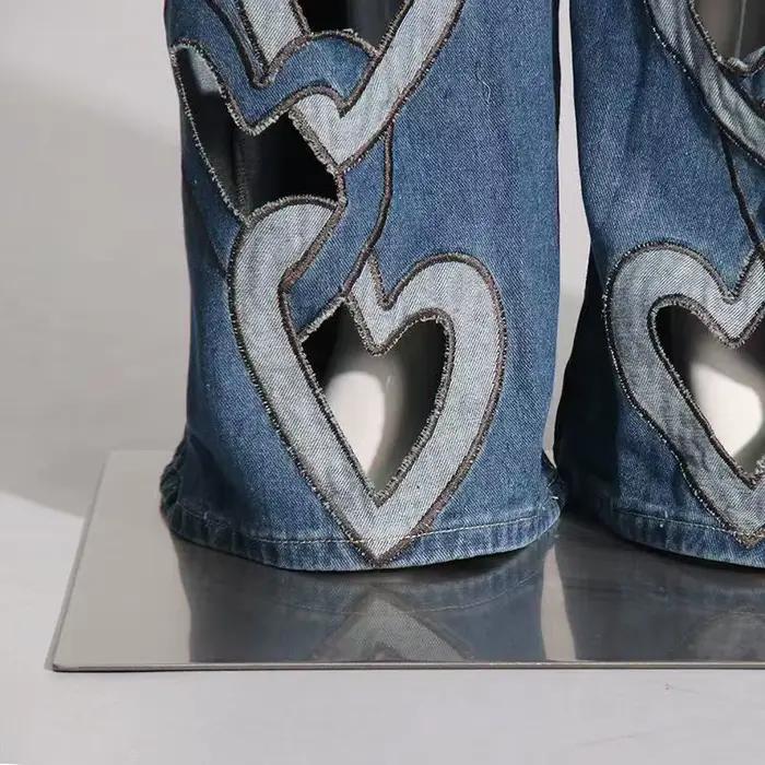 Tendance mode Jeans Femme Été 2026 Nouveauté Taille haute Imprimé Design ajouré Pantalon droit à jambe large