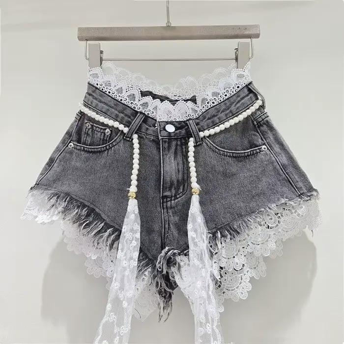 Shorts en jean coréens d'été pour femmes, sexy, doux, avec patchwork en dentelle, shorts chics à taille haute, mode Harajuku Y2K, shorts tendance, nouveauté