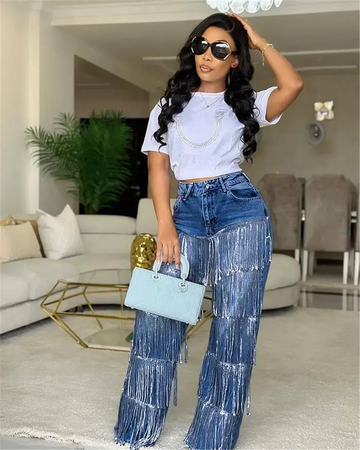 Jean tendance à franges pour femme
