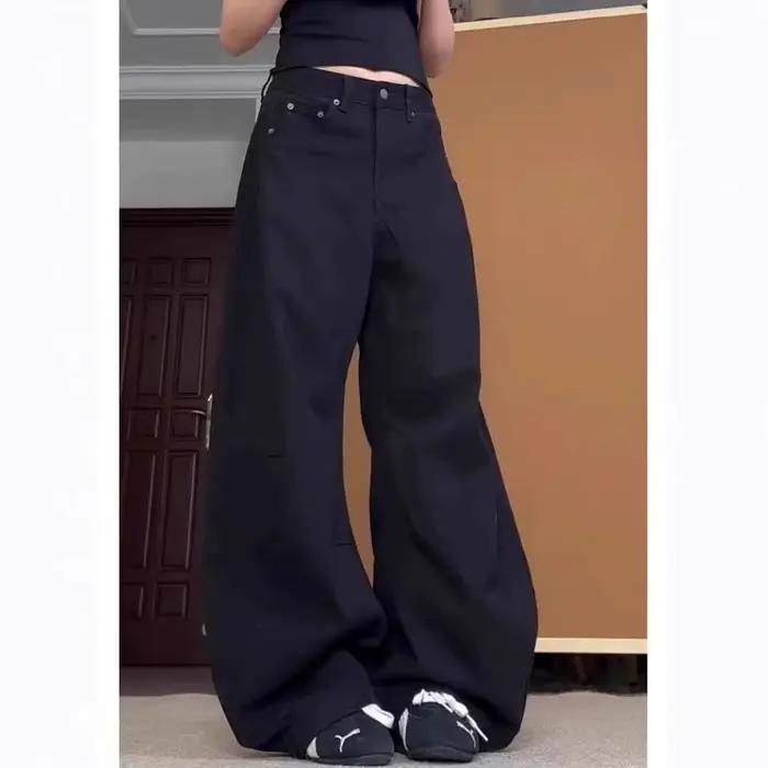 Jean en denim noir drapé taille basse coupe ample jambe large amincissant pour femme – Nouvelle collection