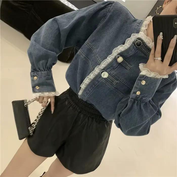 2025 printemps dentelle Denim chemise femmes mode Patchwork à manches longues Blouse femme col montant ample boutonné