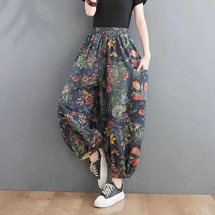 Jean denim vintage en coton imprimé pour femme, pantalon sarouel, taille élastique, style artistique, printemps 2022, ocassions spéciales