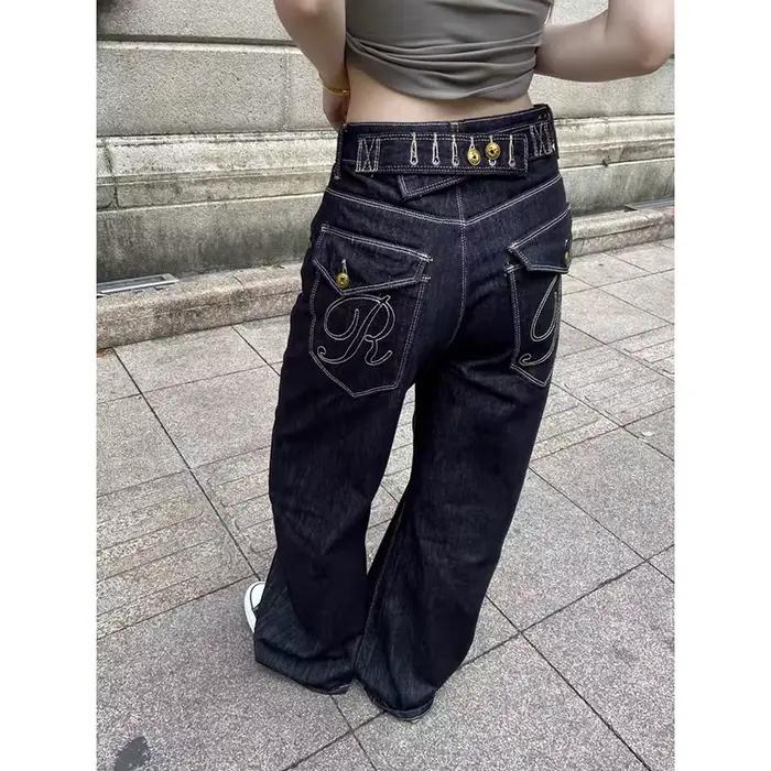 Jeans baggy noir brodé style Y2K high street pour femmes occasions spéciales printemps été