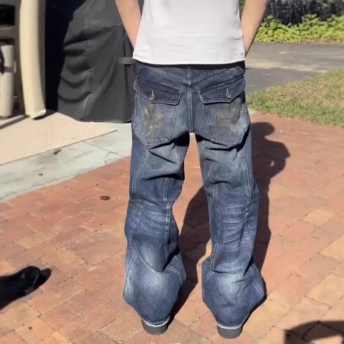 Jeans pour hommes Harajuku Vintage Streetwear Broderie Hip Hop Denim Pantalon en jean délavé et vieilli Coupe droite Ample Décontracté Unisexe Nouveau